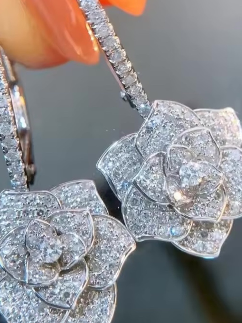Silver Crystal Flower Drop Earrings | Pavé Hoop Dangle | Elegant Statement Jewel - Picture 3 of 8